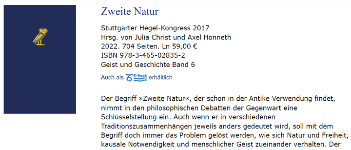 Screenshot Darstellung "Zweite Natur Stuttgarter Hegel-Kongress 2017" auf Website des Verlages