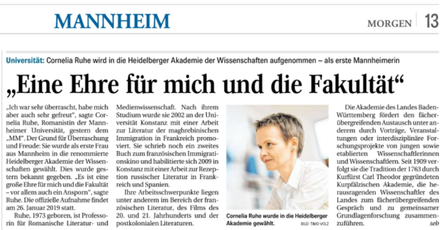 Zeitungsartikel Aufnahme Cornelia Ruhe in Heidelberger Akademie der Wissenschaften